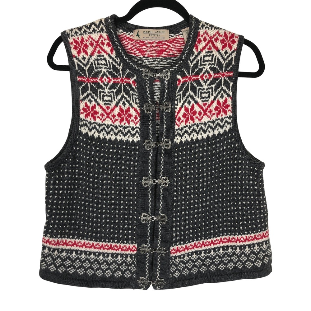 Marsh Landing Womens Fair Isle Nordic Sweater Vest‎ Size MP Metal Clasp Ski